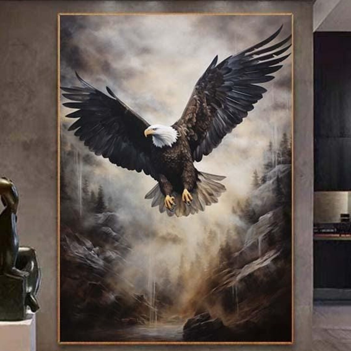 Bald Eagle Flying Stormy Mountain Sky Oil Painting Decor Poster