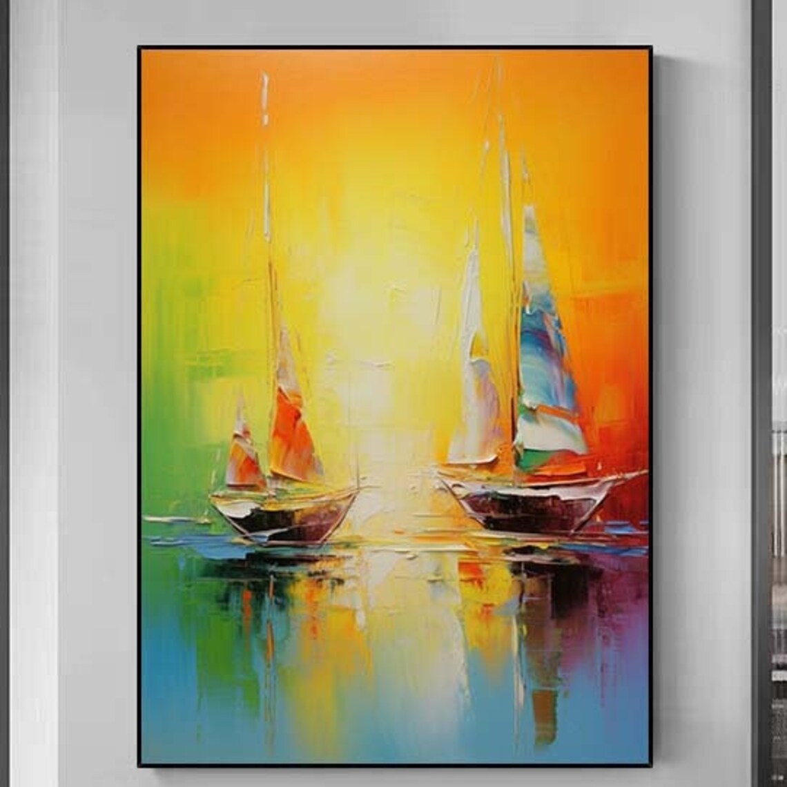 Two Colorful Sailboats Gliding Across A Vibrant Sunset Sea Poster