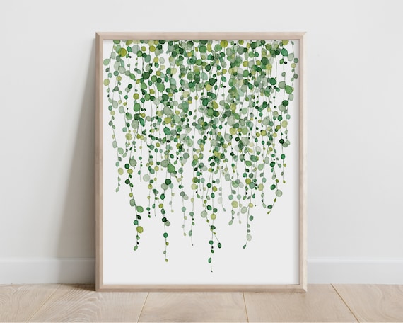 String Of Pearls Plant Watercolor Cactus Succulent Wall Art Trailing Vine Ivy Abstract Monochromatic Botanical Print Indoor Houseplant