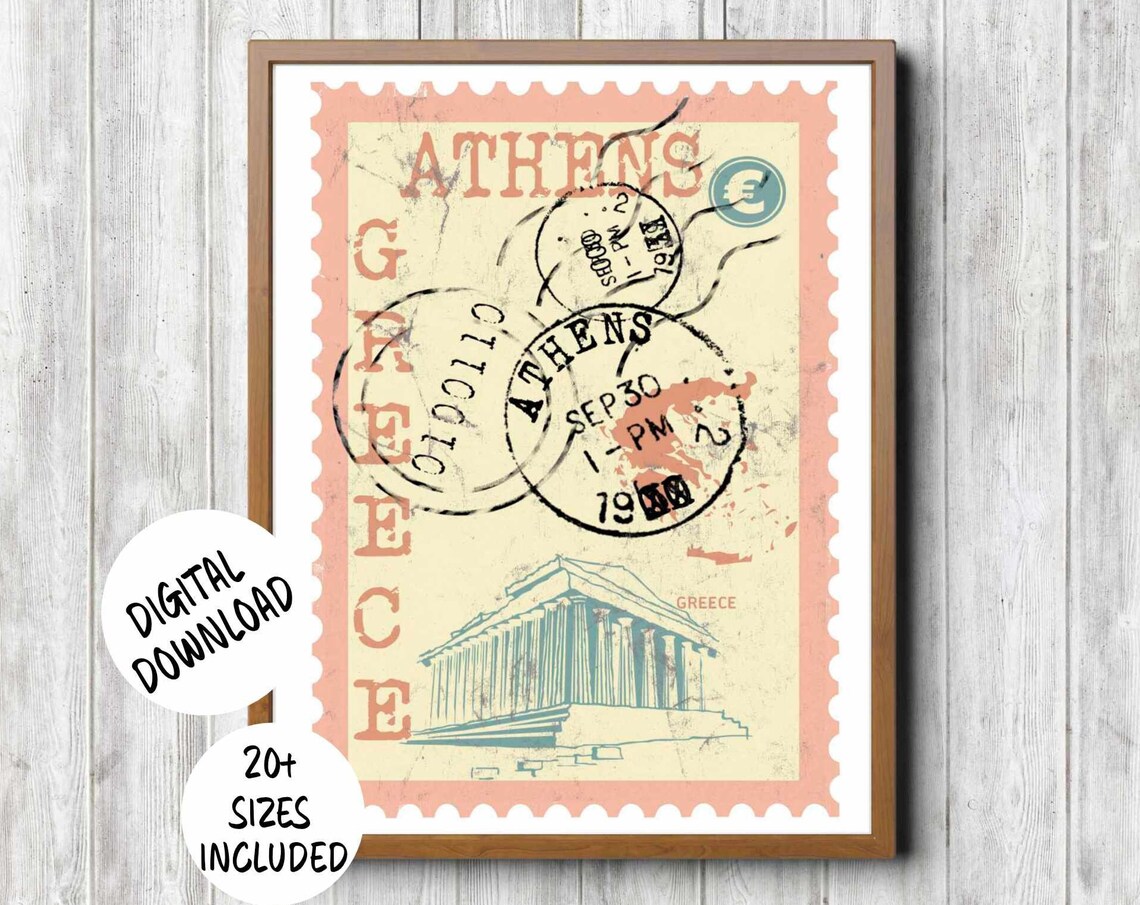 Athens Greece Retro Postage Stamp Style Parthenon Travel Poster