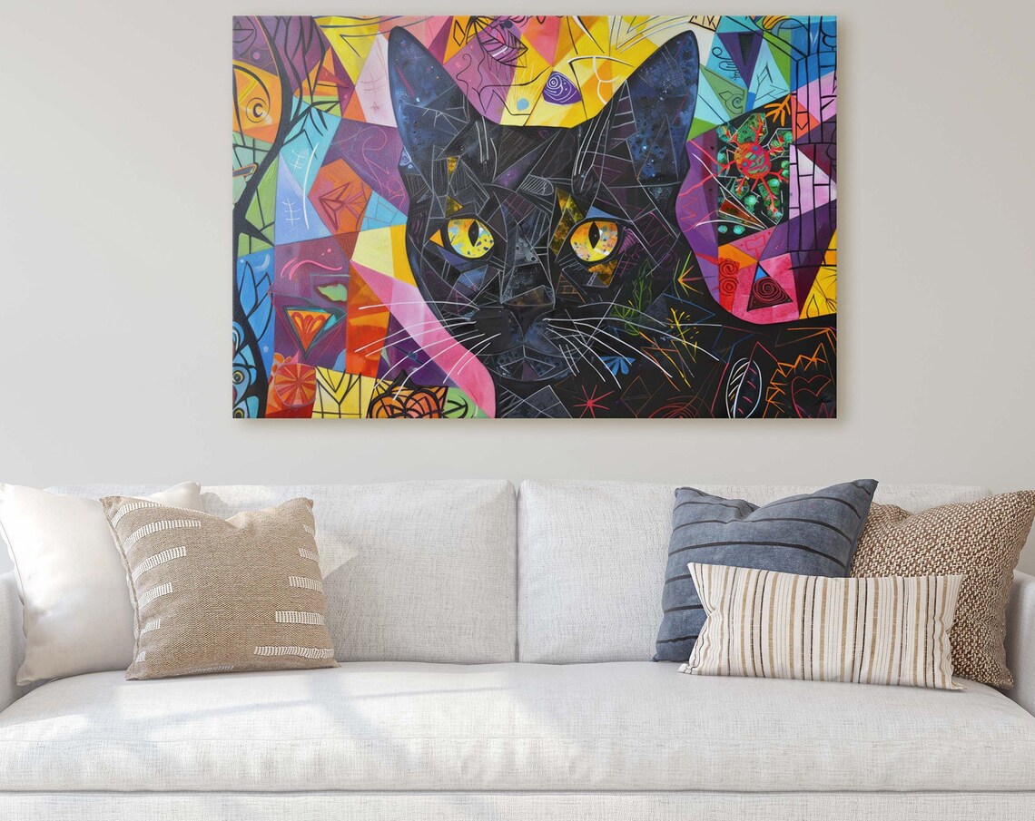 Black Cat Geometric Cubist Colorful Background Whimsical Art Poster