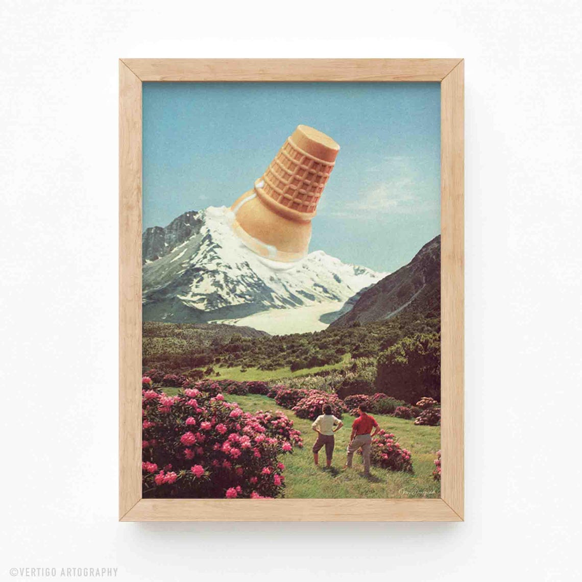 Giant Ice Cream Cone Crashing Into Mountain Surreal Collage Poster