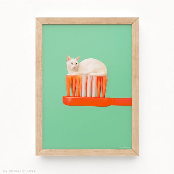 Surreal Toothpaste Cat Art Print Funny Bathroom Pop
