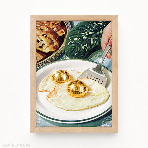 Disco Eggs Art Print Ball Food Retro Kitchen Decor Surreal Wall Dopamine Foodie Gift Egg