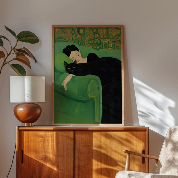 Woman Sleeping with Black Cat on Green Sofa Oil Painting Art Poster