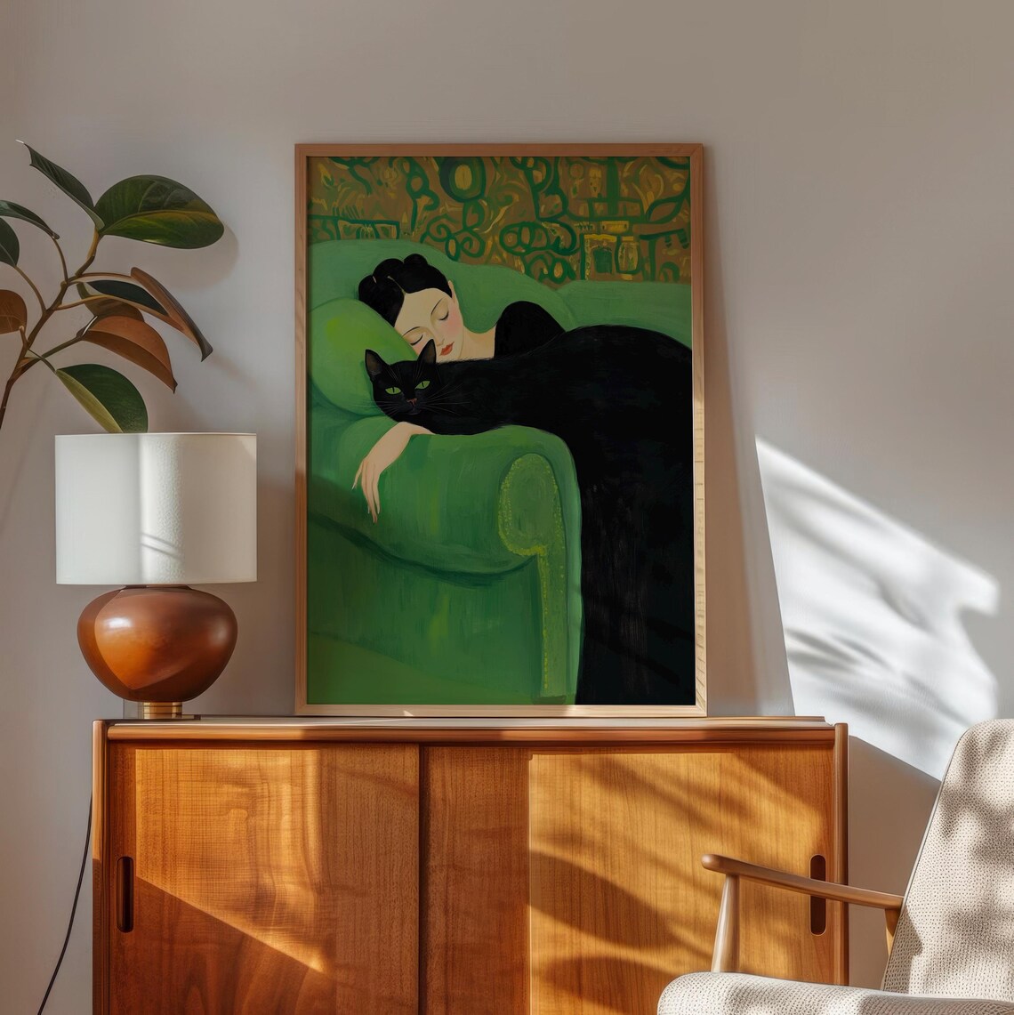 Woman Sleeping with Black Cat on Green Sofa Oil Painting Art Poster