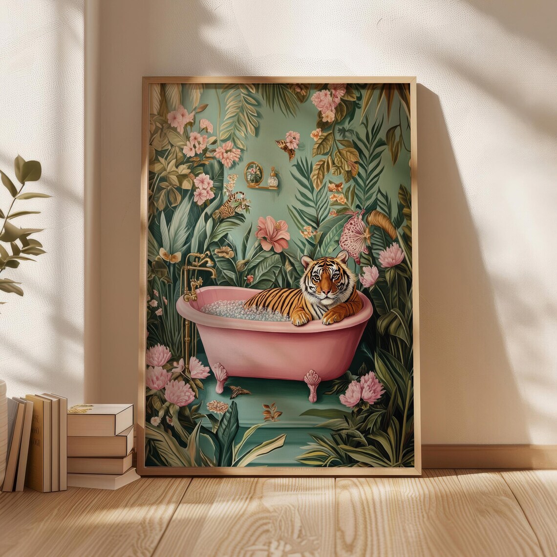 Tiger Bathing in Pink Tub Jungle Floral Maximalist Bathroom Art Poster