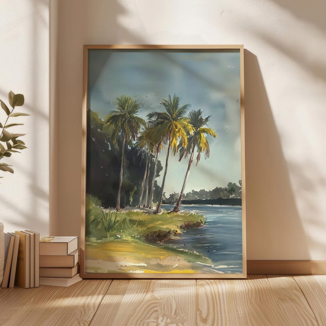 Tall Palm Trees Along A Tropical Beach Shoreline Watercolor Poster