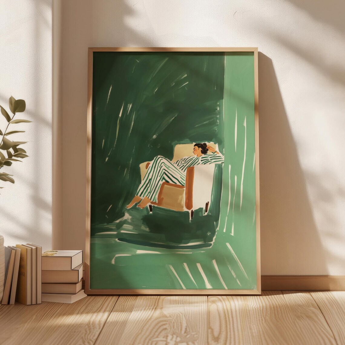 Woman Lounging In Armchair Green Art Poster Relaxed Cozy Decor