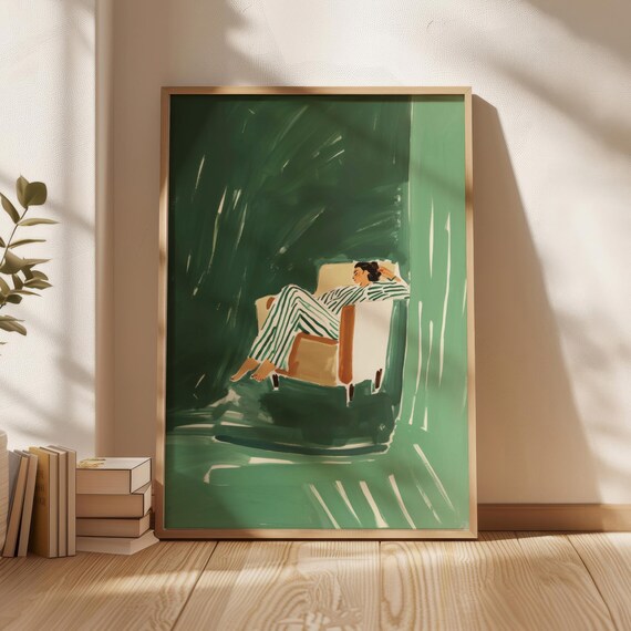 Woman Lounging In Armchair Green Art Poster Relaxed Cozy Decor