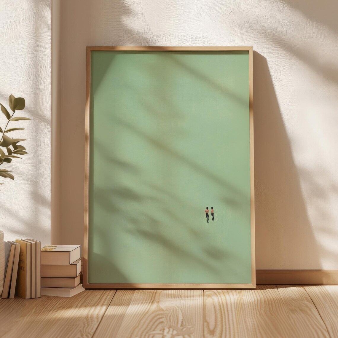 Minimalist Green Sea Swimming Couple Aerial View Modern Art Poster