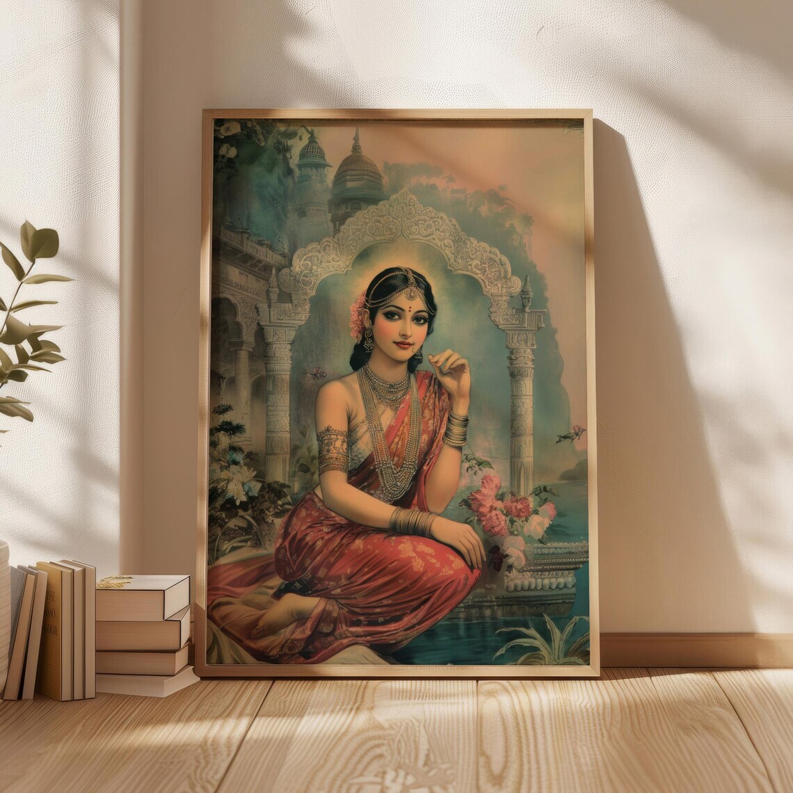 Indian Royal Woman Red Sari Temple Arch Antique Portrait Poster