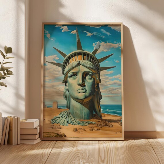 Statue of Liberty Head Surrealist Desert Coast Landscape Wall Poster