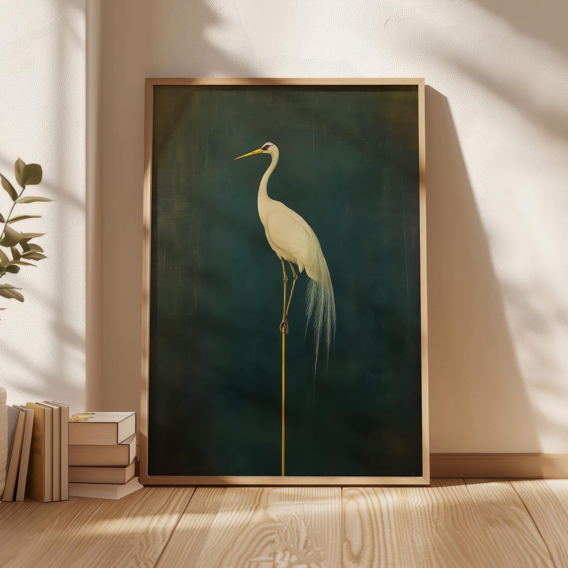 White Crane Antique Japanese Style Bird Painting Dark Green Poster