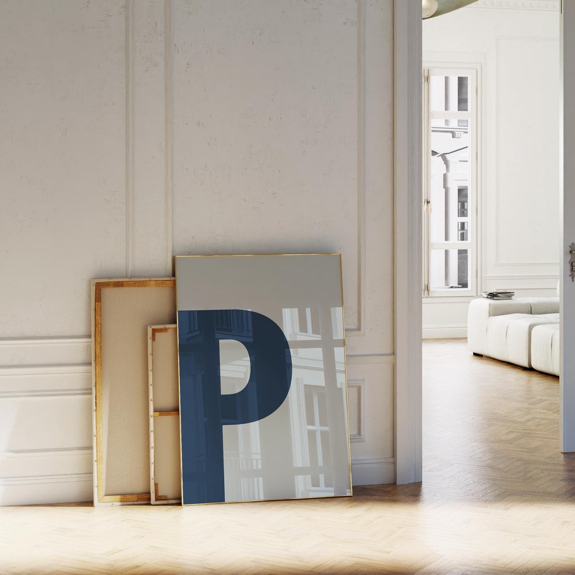 Oversized Navy Blue Letter P Monogram Beige Minimalist Wall Art