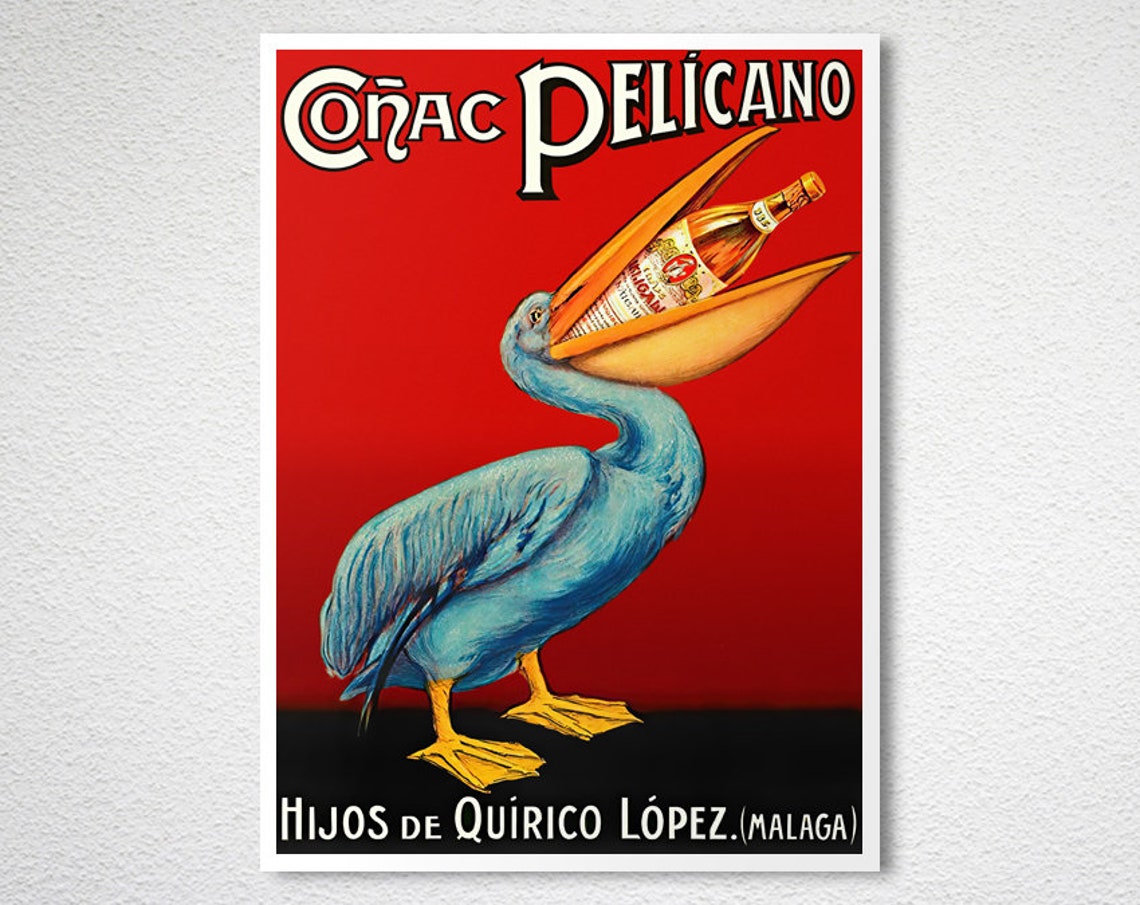 Coñac Pelicano Vintage Spanish Cognac Poster Pelican Holding Bottle - Image 2