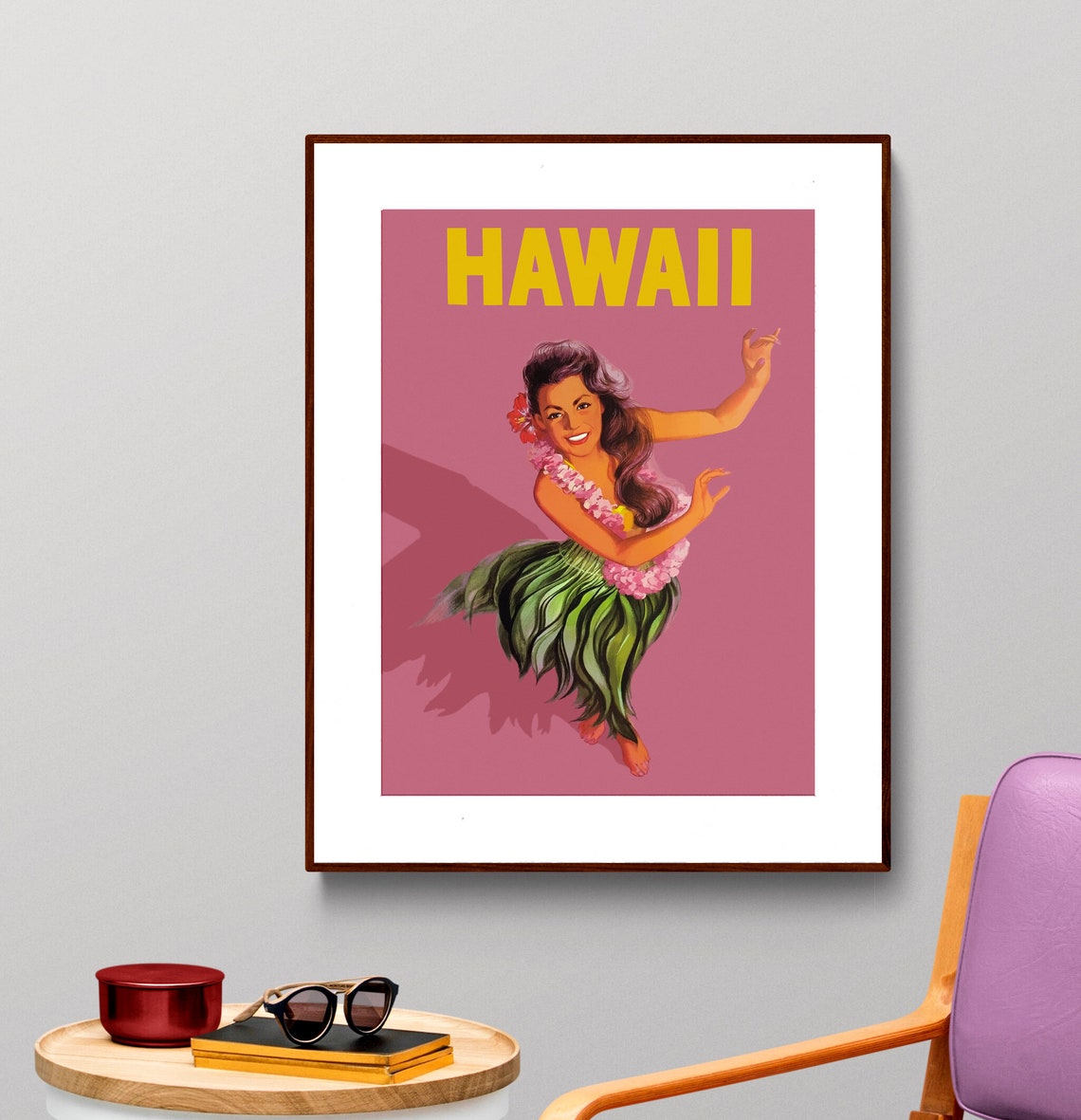 Retro Hawaii Hula Dancer Vintage Pink Tropical Travel Poster
