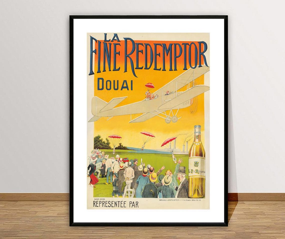 La Fine Redemptor Douai Biplane Parachutes Vintage French Wine Poster - Image 2