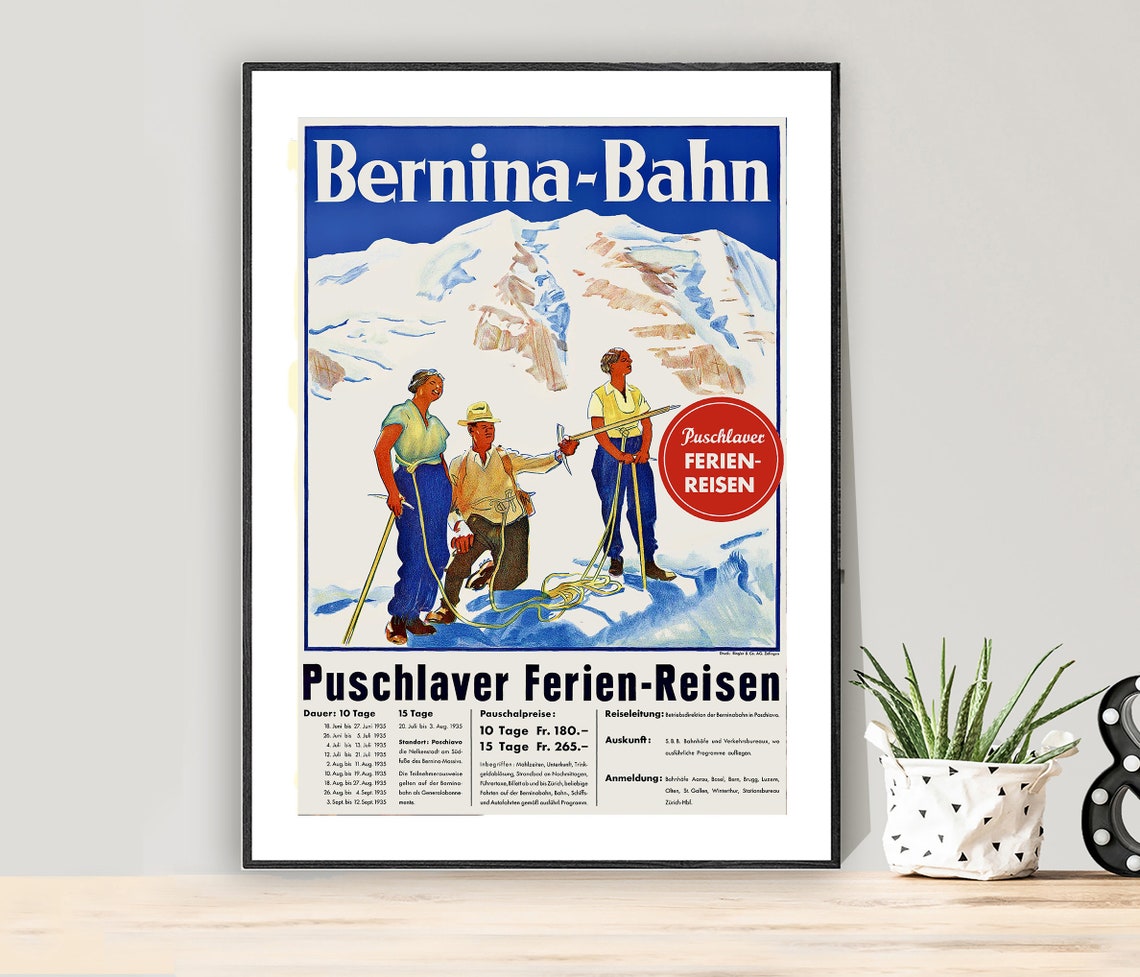 Bernina Bahn 1935 Puschlaver Ferien Reisen Alpine Travel Poster
