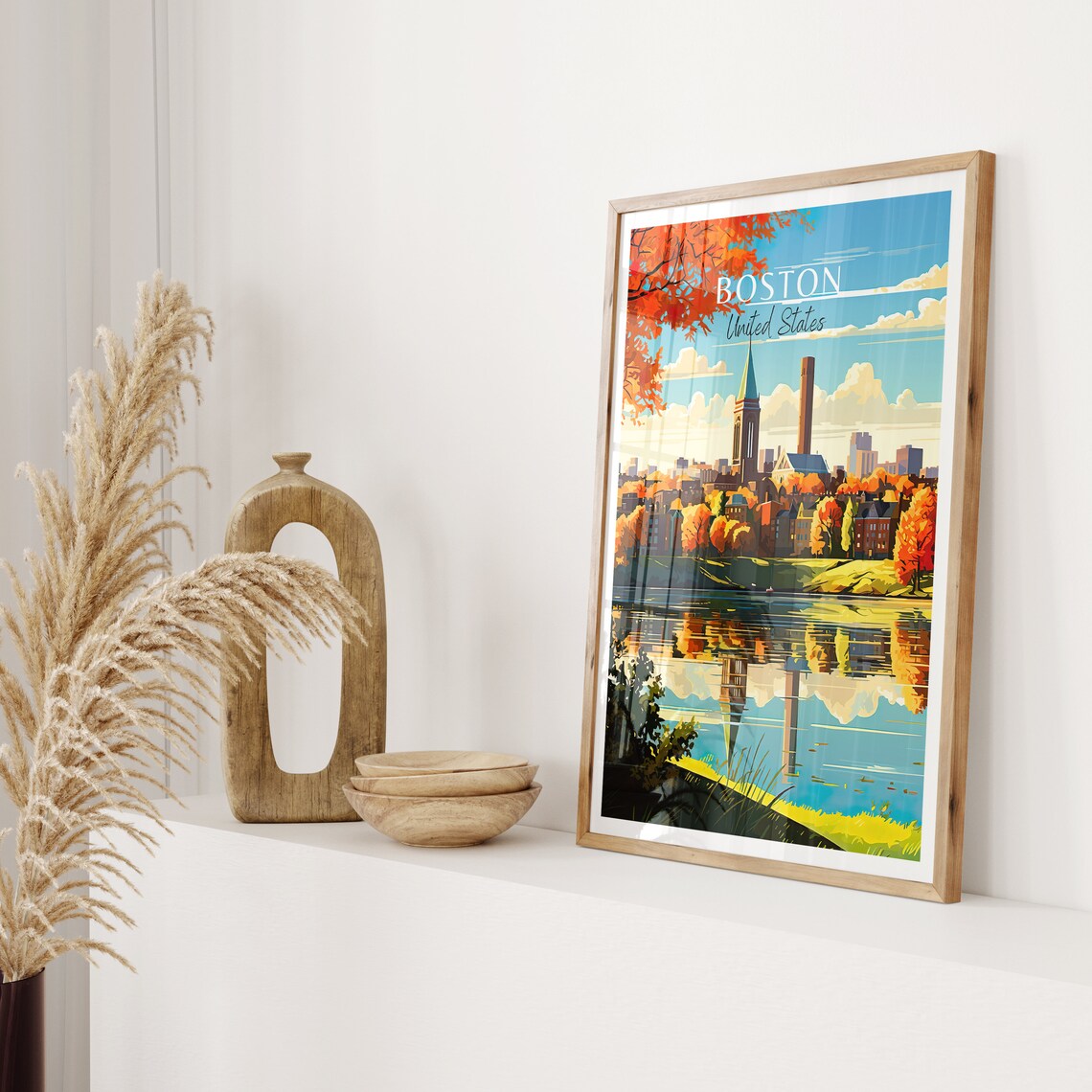 Boston USA Autumn City River Fall Foliage Illustrated Travel Poster - Image 2