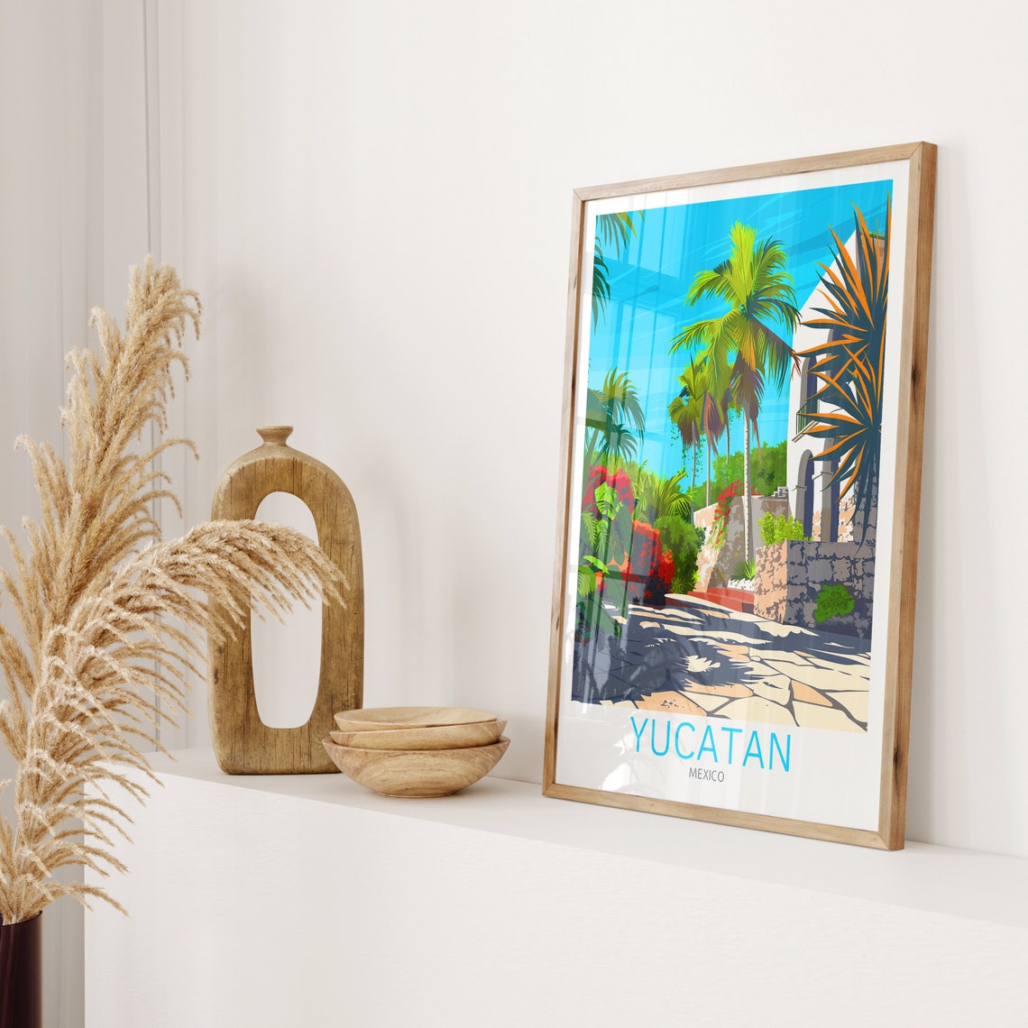Yucatan Mexico Colonial Courtyard Palms Illustrated Travel Poster - Image 2