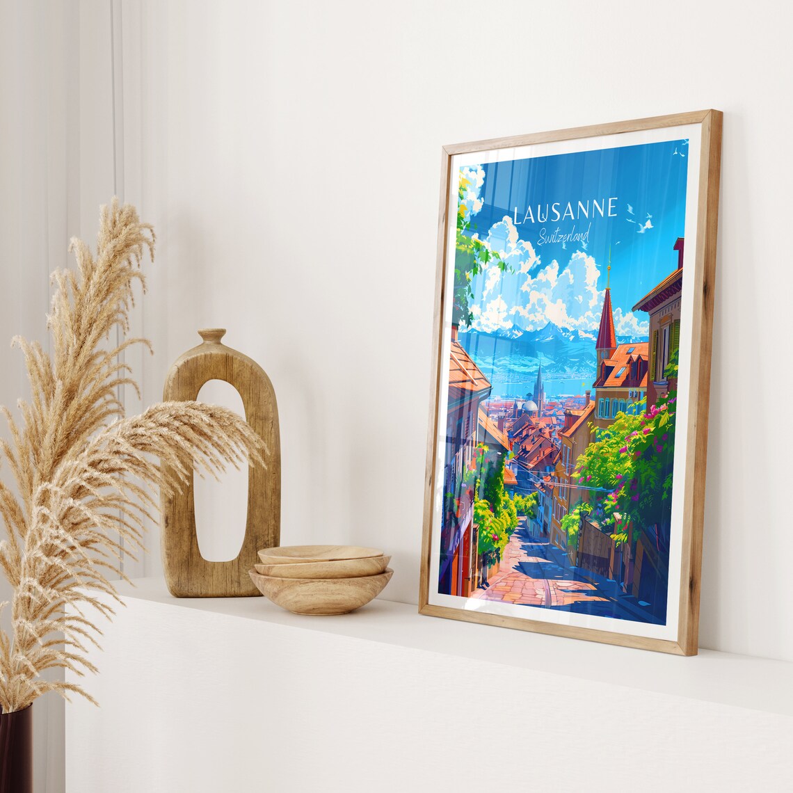 Lausanne Switzerland Travel Poster Old Town Street Lake Alps View - Image 2