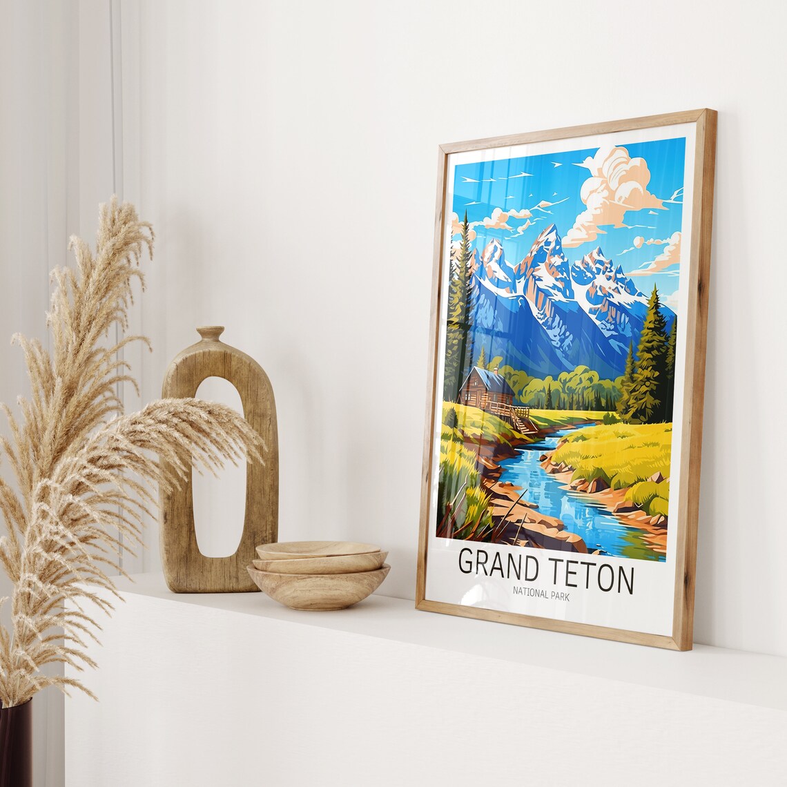 Grand Teton National Park Peaks Cabin River Vintage Travel Poster - Image 2