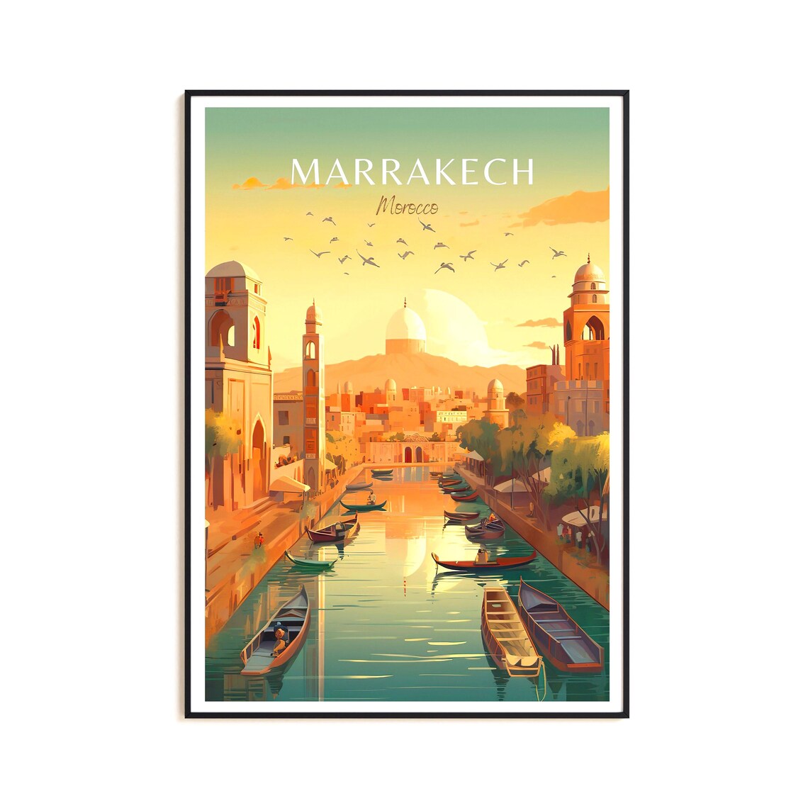 Marrakech Morocco Sunset Cityscape Vintage Warm Travel Poster