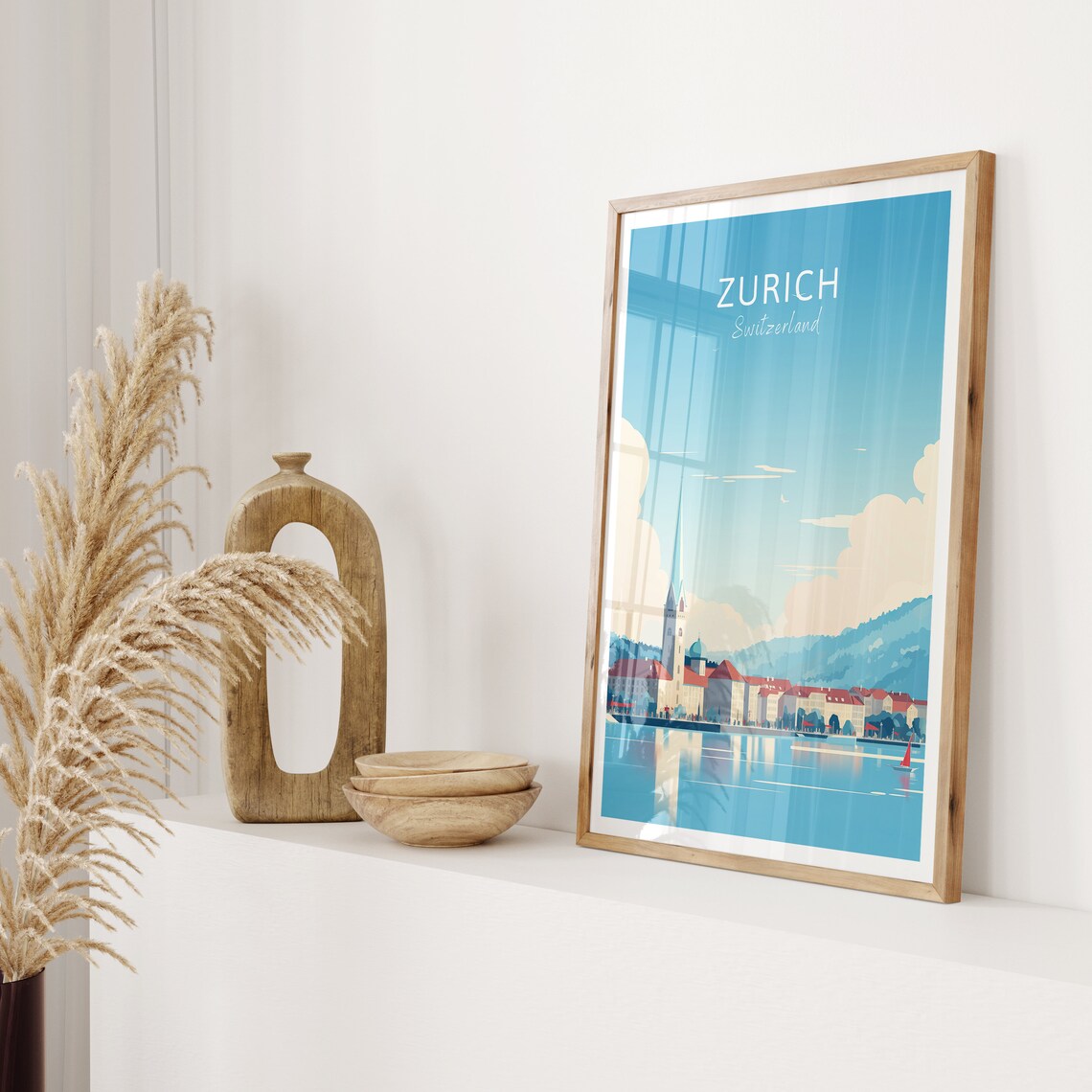 Zurich Switzerland Poster Lakeside Church Spire Boats Blue Water Art - Image 2