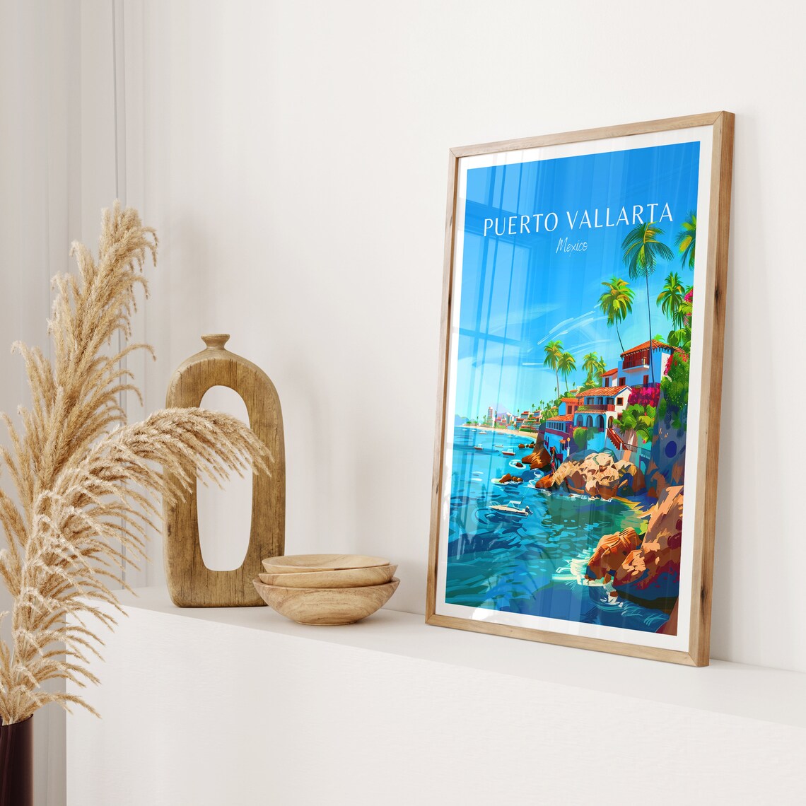 Puerto Vallarta Mexico Cliffside Villa Palms Ocean Boats Travel Poster - Image 2
