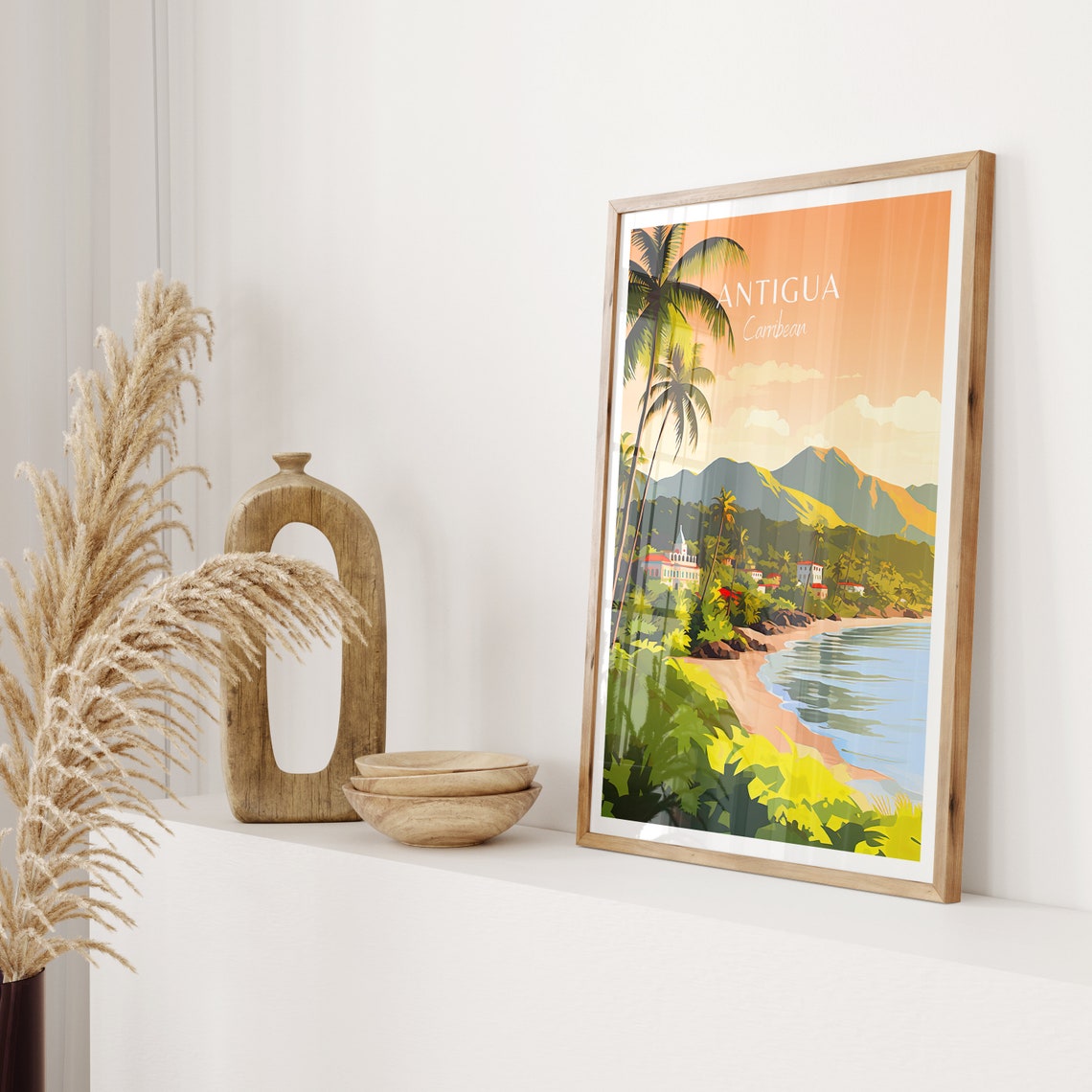Antigua Caribbean Island Beach Palm Trees Mountain View Travel Poster - Image 2