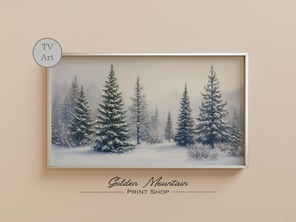 Snowy Pine Forest Foggy Dawn Winter Trees Landscape TV Wall Art - Image 2