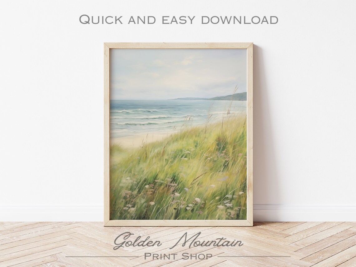 Coastal Beach Grass Ocean Waves Summer Seascape Oil Painting Poster - Image 3