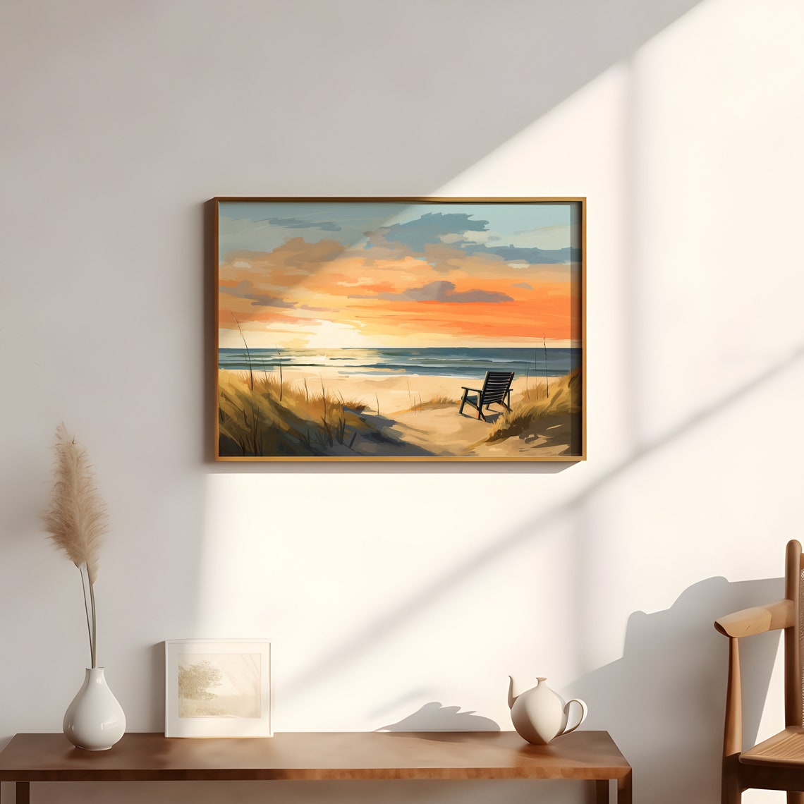 Beach Sunset With Lone Chair On Sandy Dunes Coastal Wall Art - Image 3
