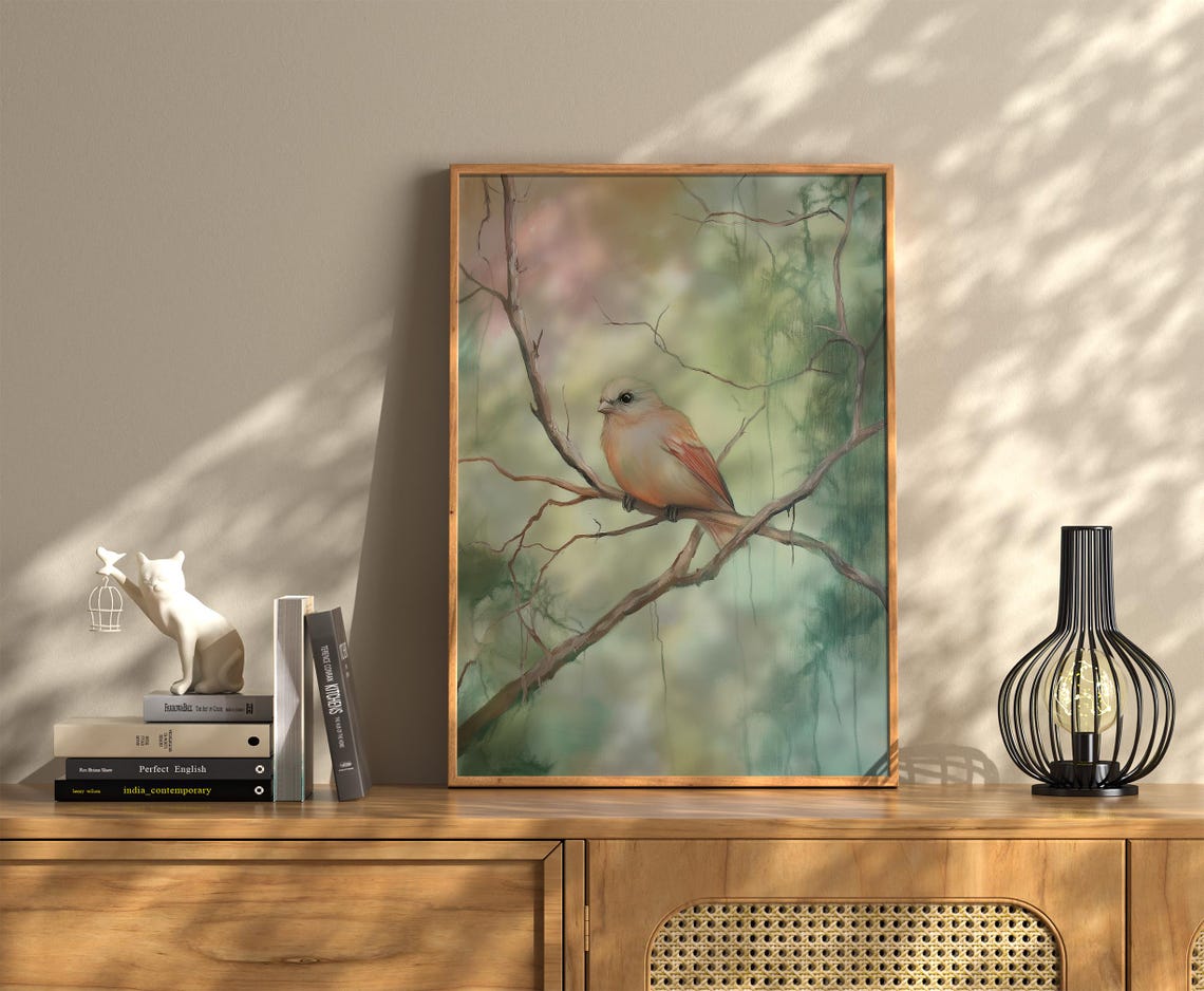 Cute Orange Brown Songbird on Branch Pastel Forest Spring Bird Poster - Image 2