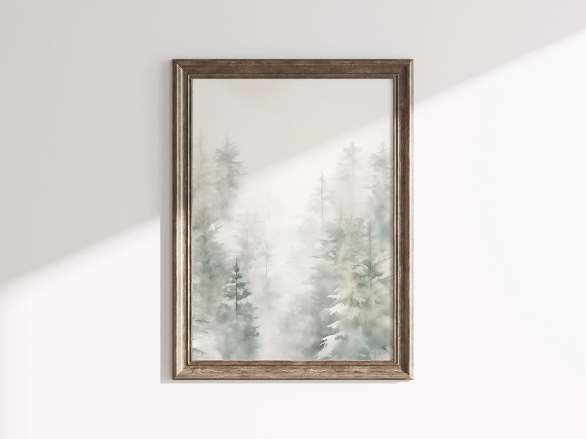White Misty Pines Foggy Forest Watercolor Minimalist Winter Poster - Image 2