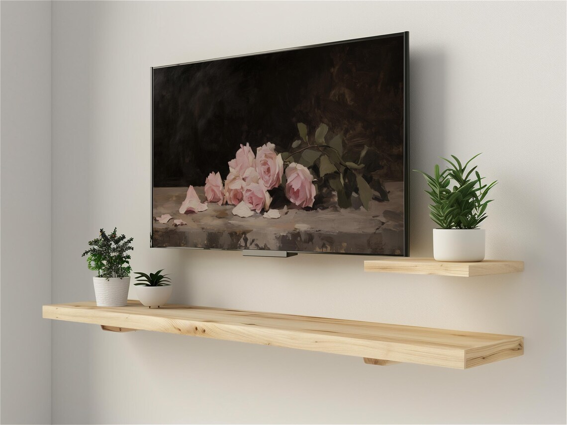 Pink Roses Stone Ledge Dark Moody Floral Still Life Painting Poster - Image 2
