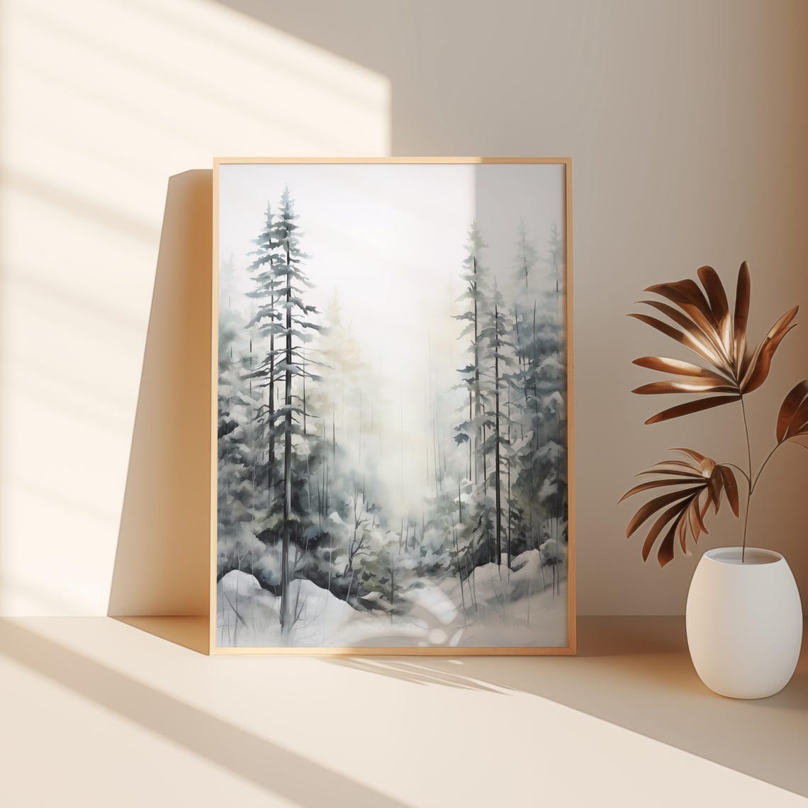Snowy Forest Watercolor Tall Pines Misty Winter Landscape Poster - Image 3