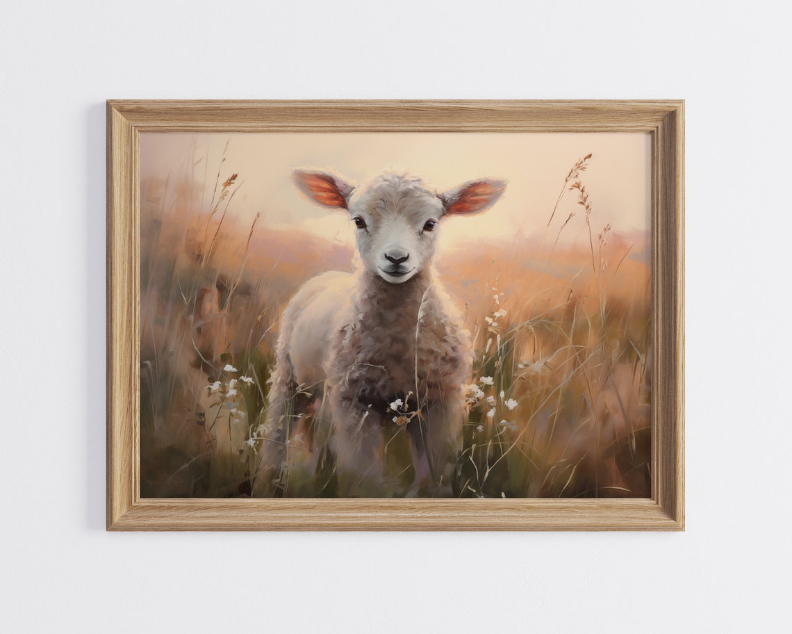 Soft Baby Lamb Sunset Golden Pasture Farm Nursery Decor Wall Art - Image 3