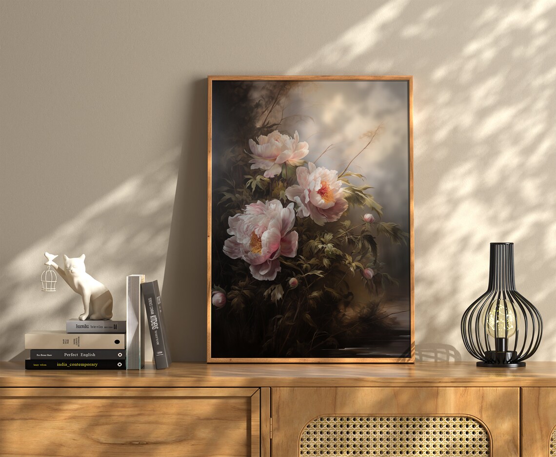 Pink Peonies Moody Misty Light Antique Floral Oil Painting Wall Art - Image 2