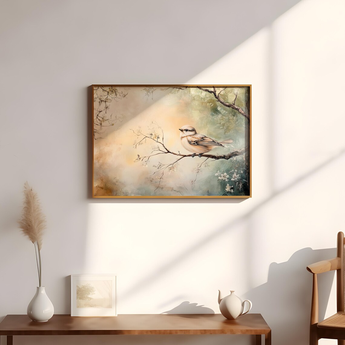 Pale Beige Songbird On Blossom Branch Warm Pastel Spring Oil Painting Poster - Image 2