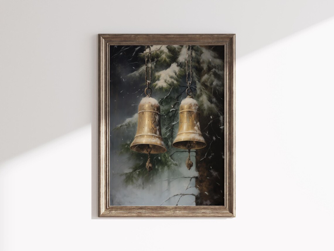 Antique Brass Christmas Bells Snowy Pine Vintage Holiday Poster - Image 3