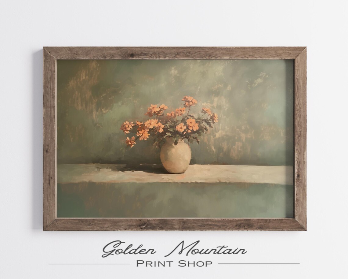Peach Carnation Bouquet in Vase Sage Green Vintage Painting Print - Image 2