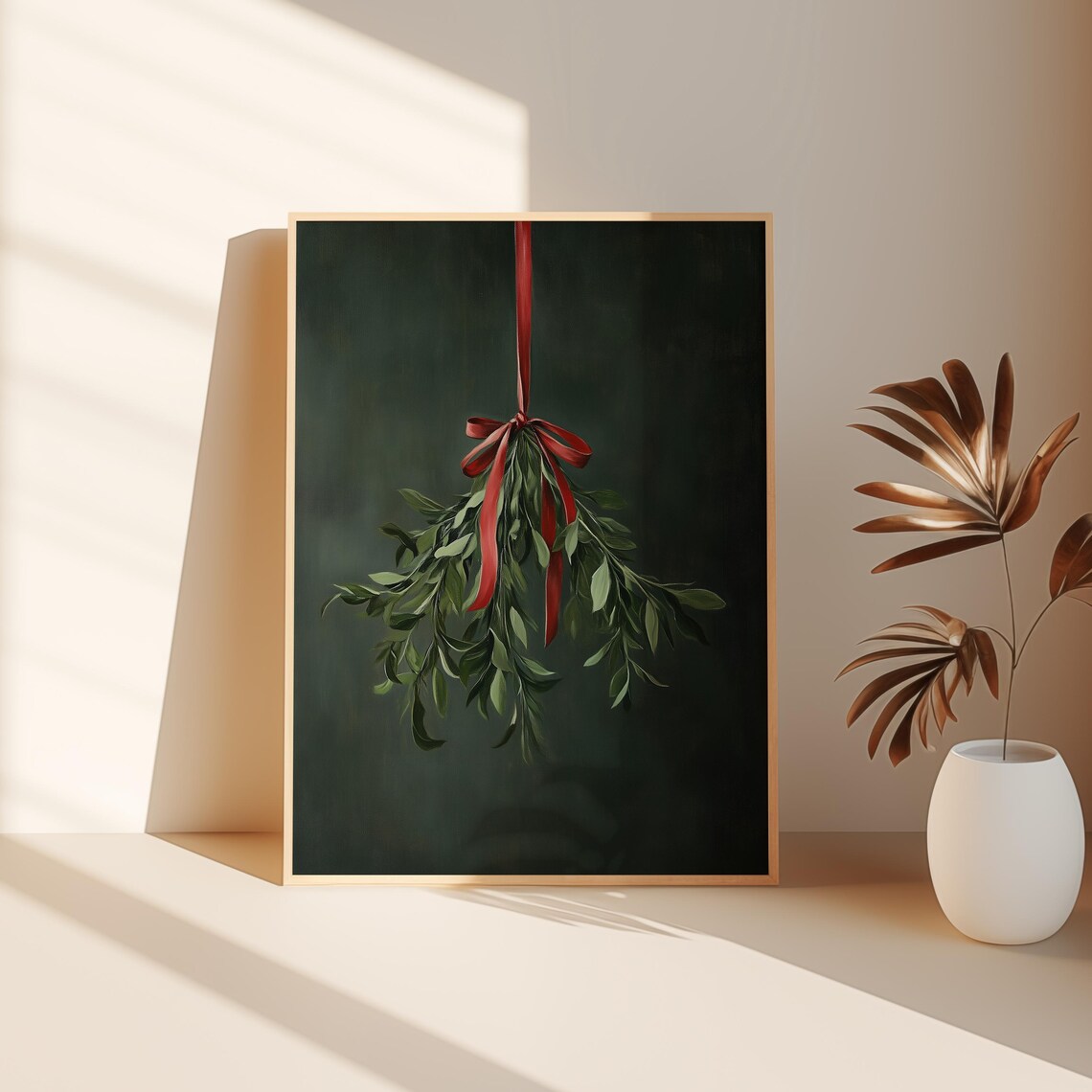 Mistletoe Sprig With Red Ribbon Bow Moody Dark Green Christmas Poster - Image 3