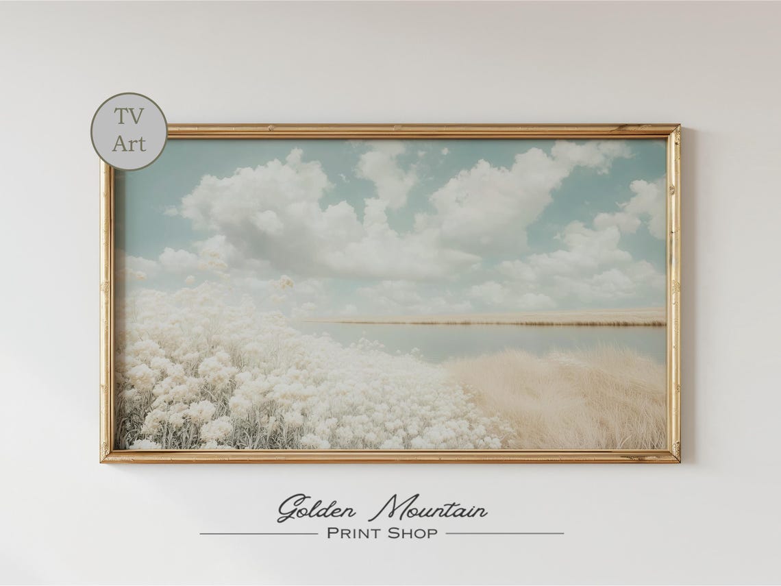 White Wildflower Field Lakeside Cloudy Sky Neutral Landscape Poster - Image 2