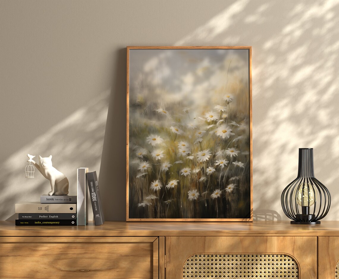 Moody White Daisy Field Dark Floral Farmhouse Vintage Poster - Image 3