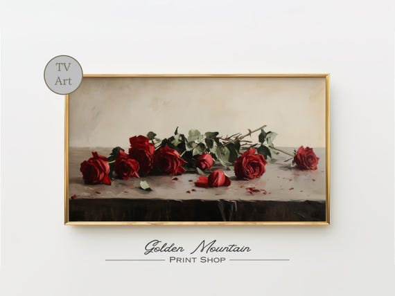 Moody Red Roses Frame Tv Art Dark Academia Print Antique Moody Valentines Tv Art Floral Painting Botanical Print