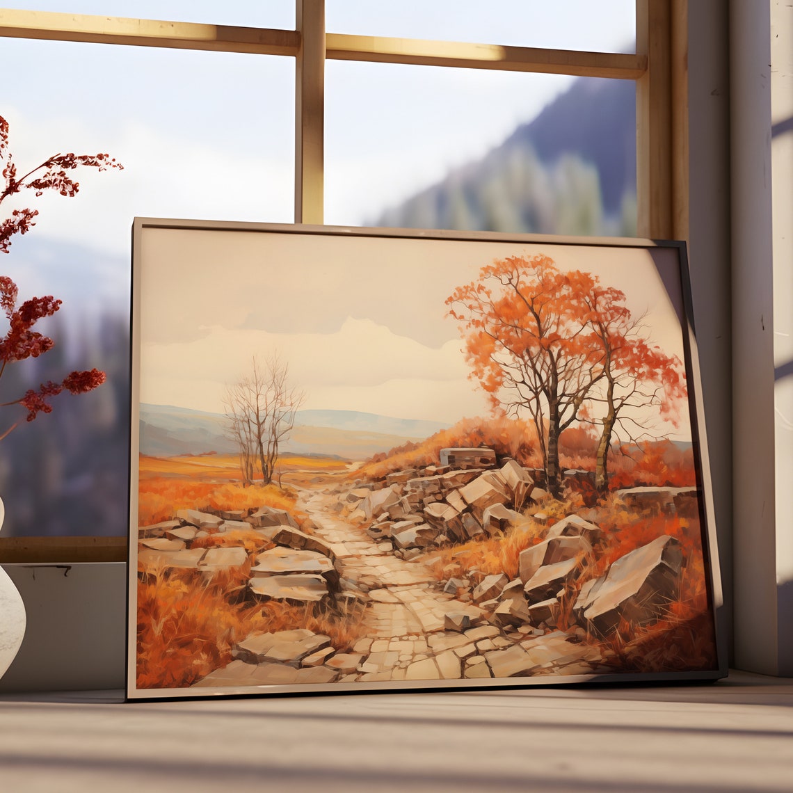 Rocky Stone Path Autumn Countryside Orange Trees Vintage Poster - Image 2