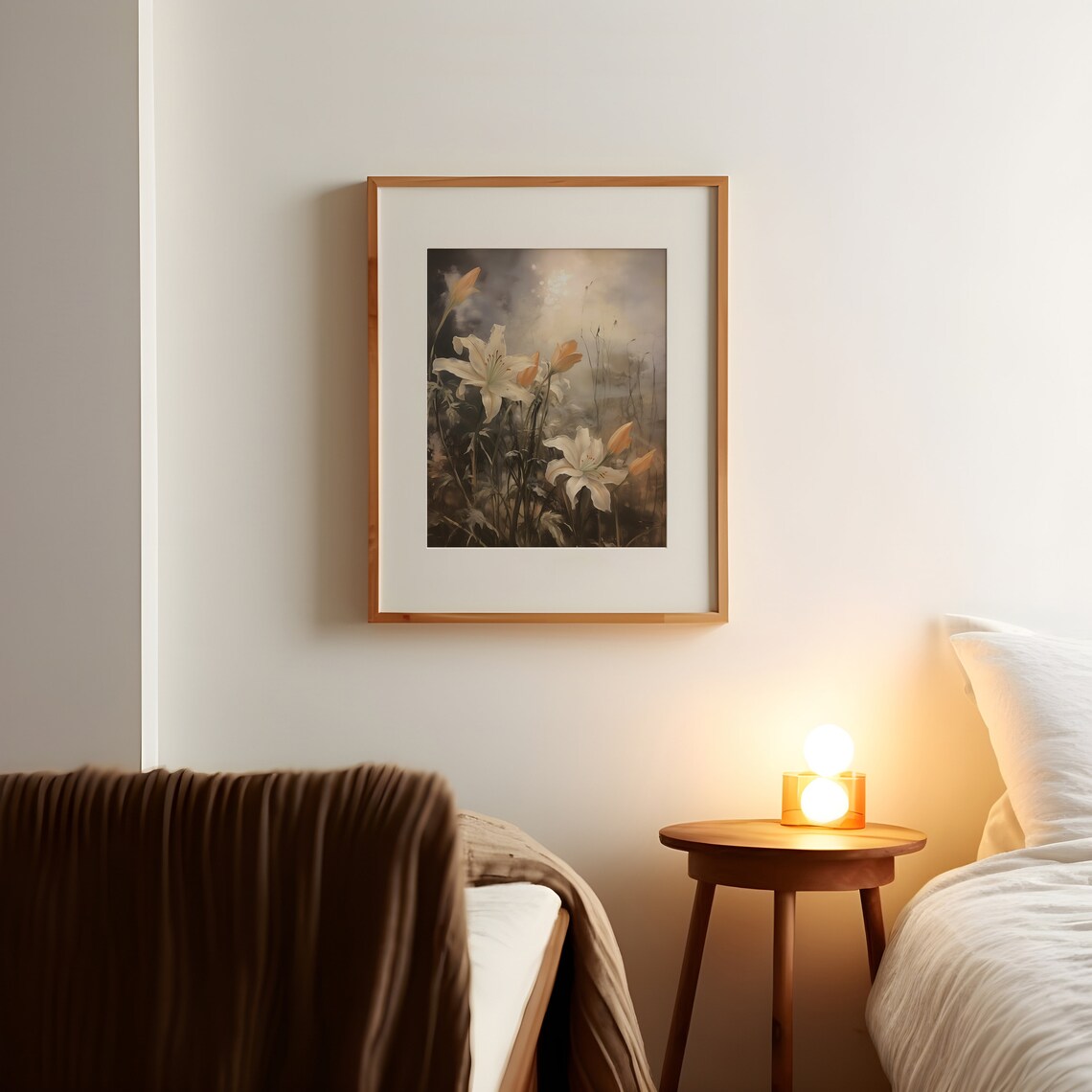 White Lilies with Peach Buds Moody Dark Floral Oil Painting Print - Image 2