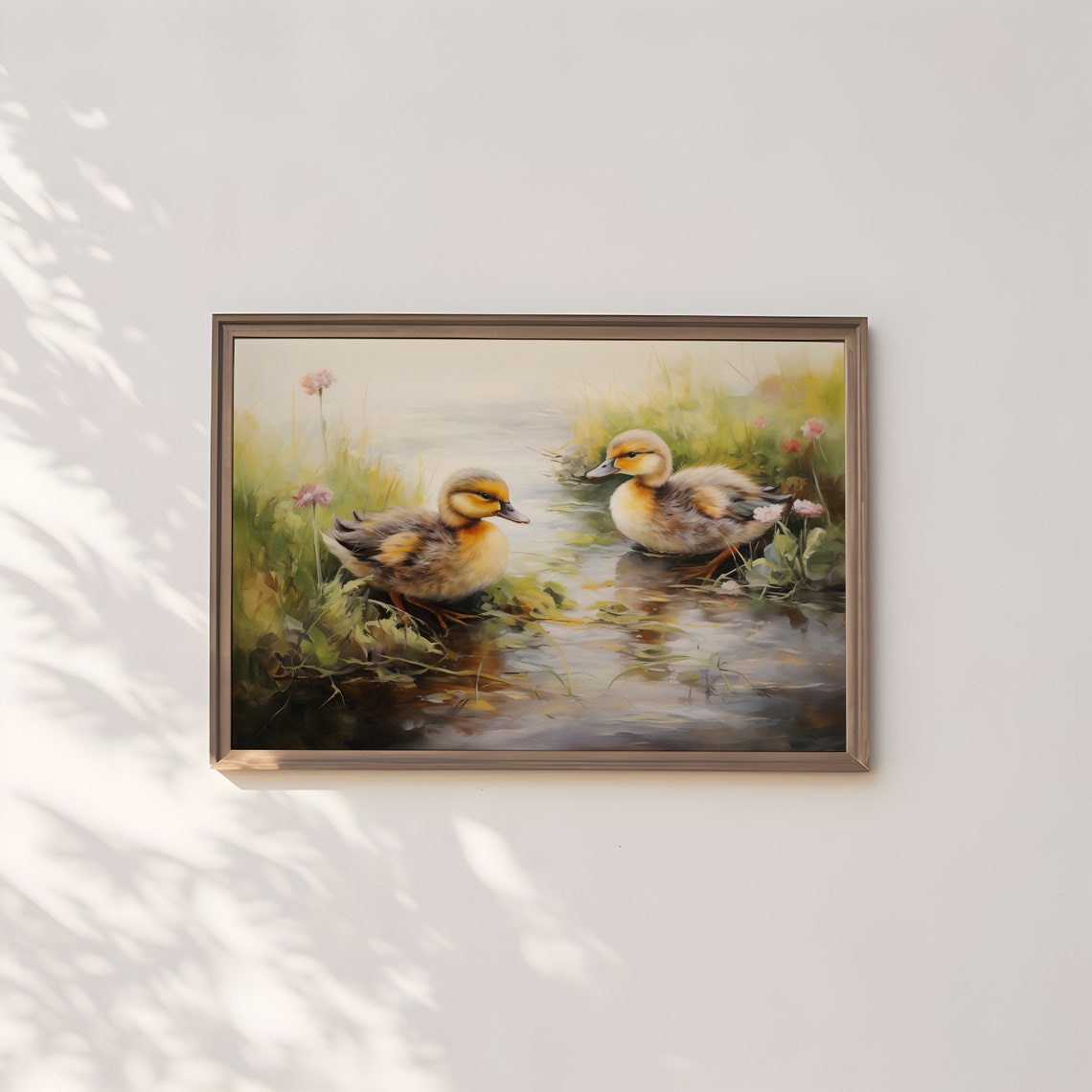 Two Ducklings at a Pond Edge Spring Wildflowers Vintage Art Poster - Image 3